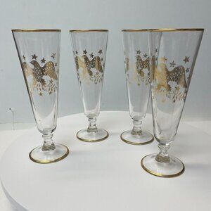 Set of 4 Vintage Champagne or Pilsner Gold Eagle Glasses with Patriotic Design